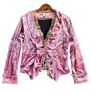 Aria A Womens Blazer Medium Pink Velvet Silk Ruffle Whimsigoth Boho Chic Artsy